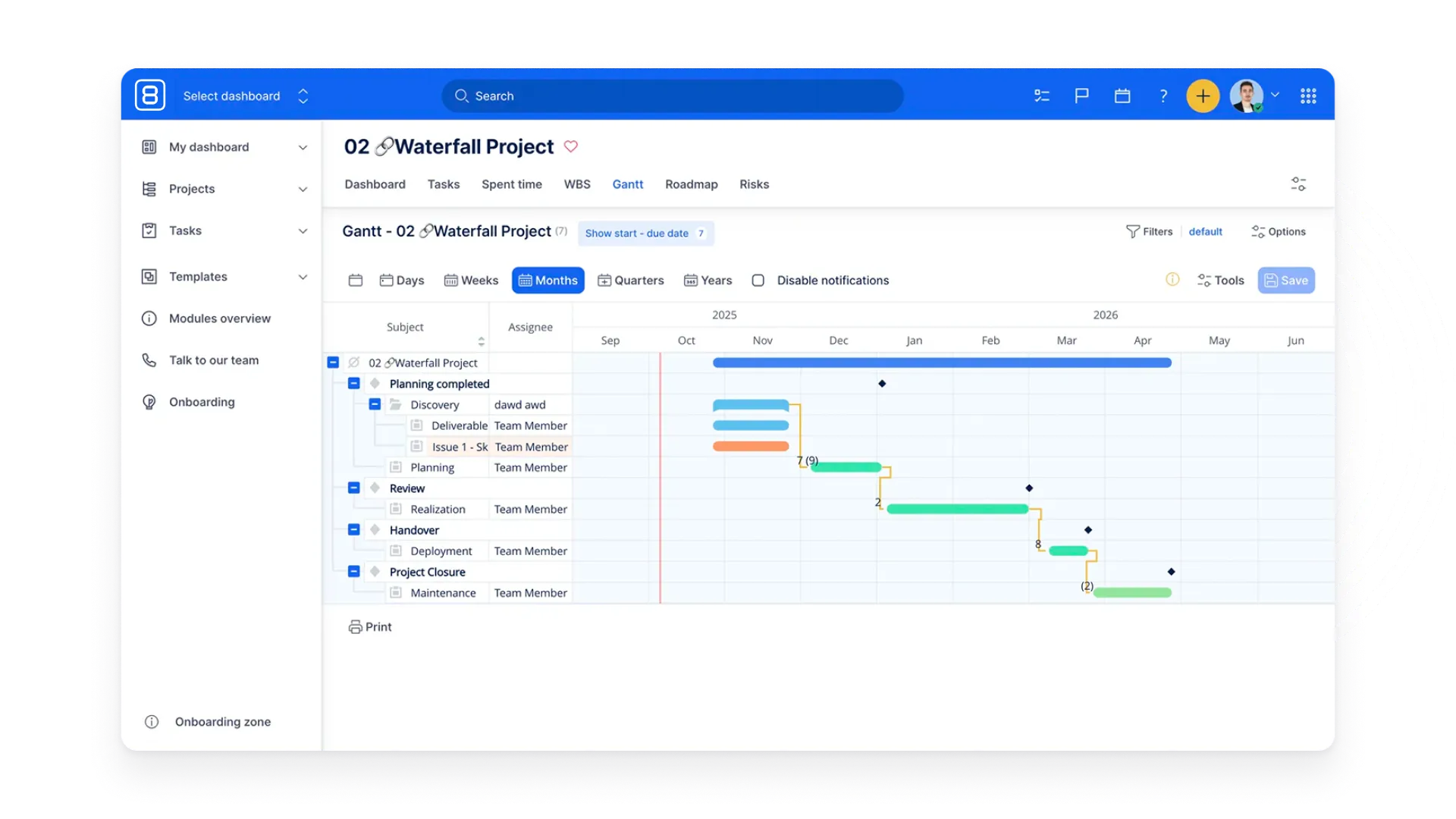 Easy8 Waterfall proje Gantt önizleme