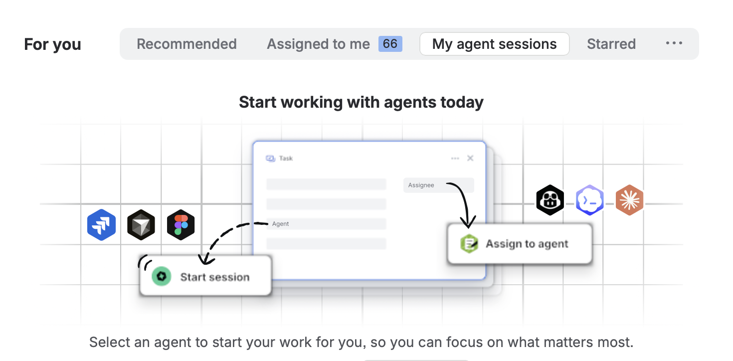 Ekran görüntüsü: Jira içinde Agent sessions arayüzü — hangi ajanın çalıştığını, neyin incelemeyi beklediğini gösteren panel